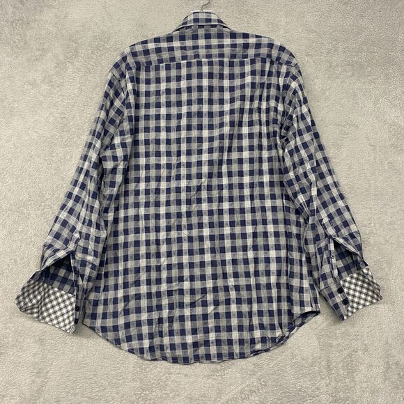 Thomas Dean Shirt Mens Medium Blue Gray Check Button Up Cotton Flip Cuff Plaid - Picture 6 of 8